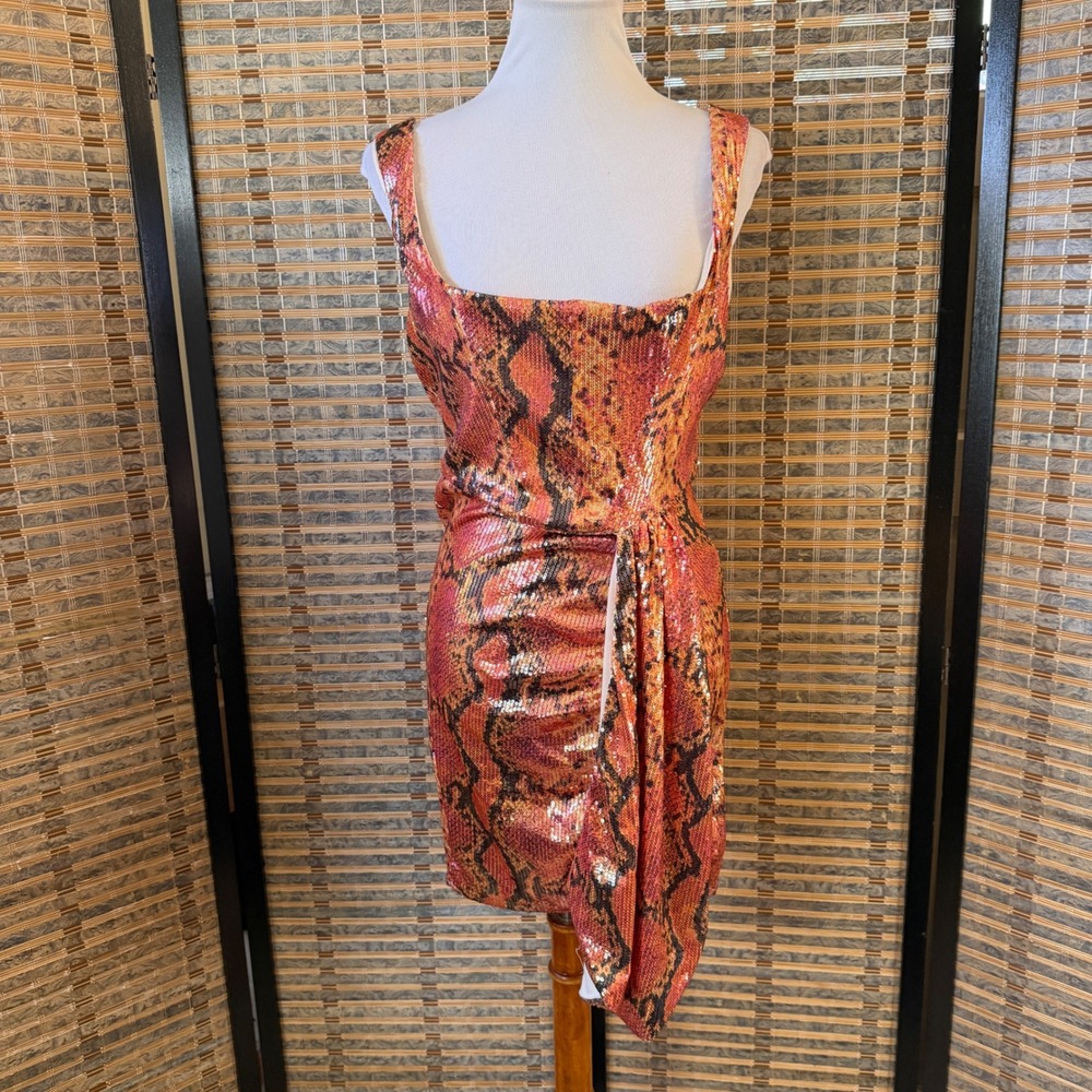 ASOS DESIGN Sequin Snake Print Dress Womens 12 Pink Orange Draped Mini Dress